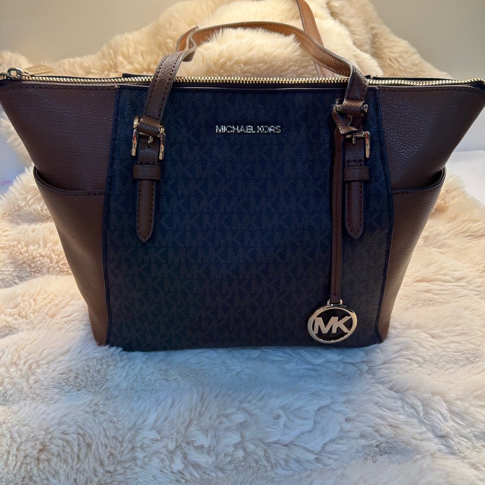Michael Kors Black & Brown Signature Top-Zip Tote with MK Charm